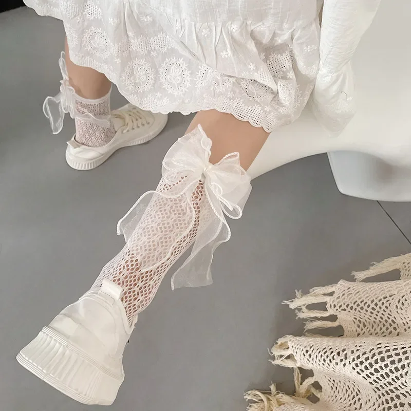 Summer Lolita JK Style Calf Socks for Kid Girl Sweet Bowknot Style Pearl Fishnet Knee Hiigh Sock for Girls Soft Mesh Stockings