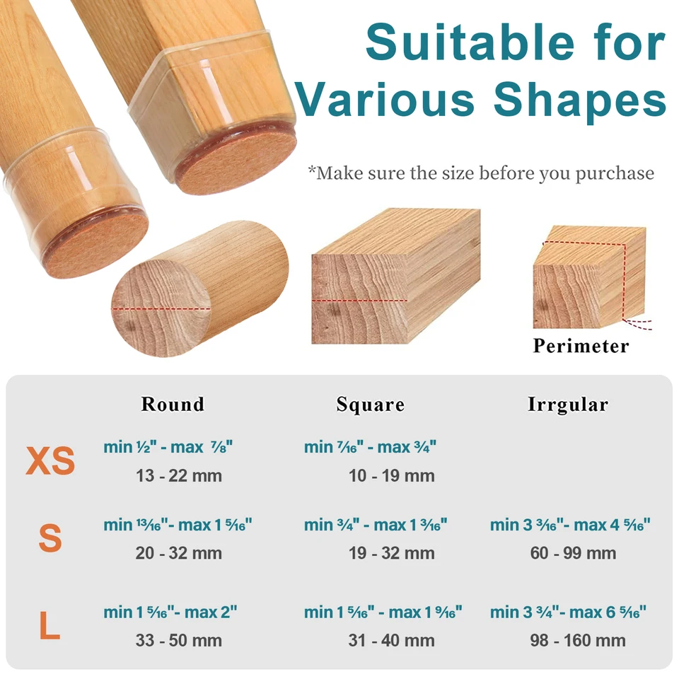 32 Tappi Rettangolari Per Gambe Della Sedia, In Silicone Trasparente Per Gambe Della Sedia Con Feltro Avvolto Feltrini Per Sedie Coprisedia Per Pavimenti In Legno Duro Misura 20 26 Mm - Foto 3