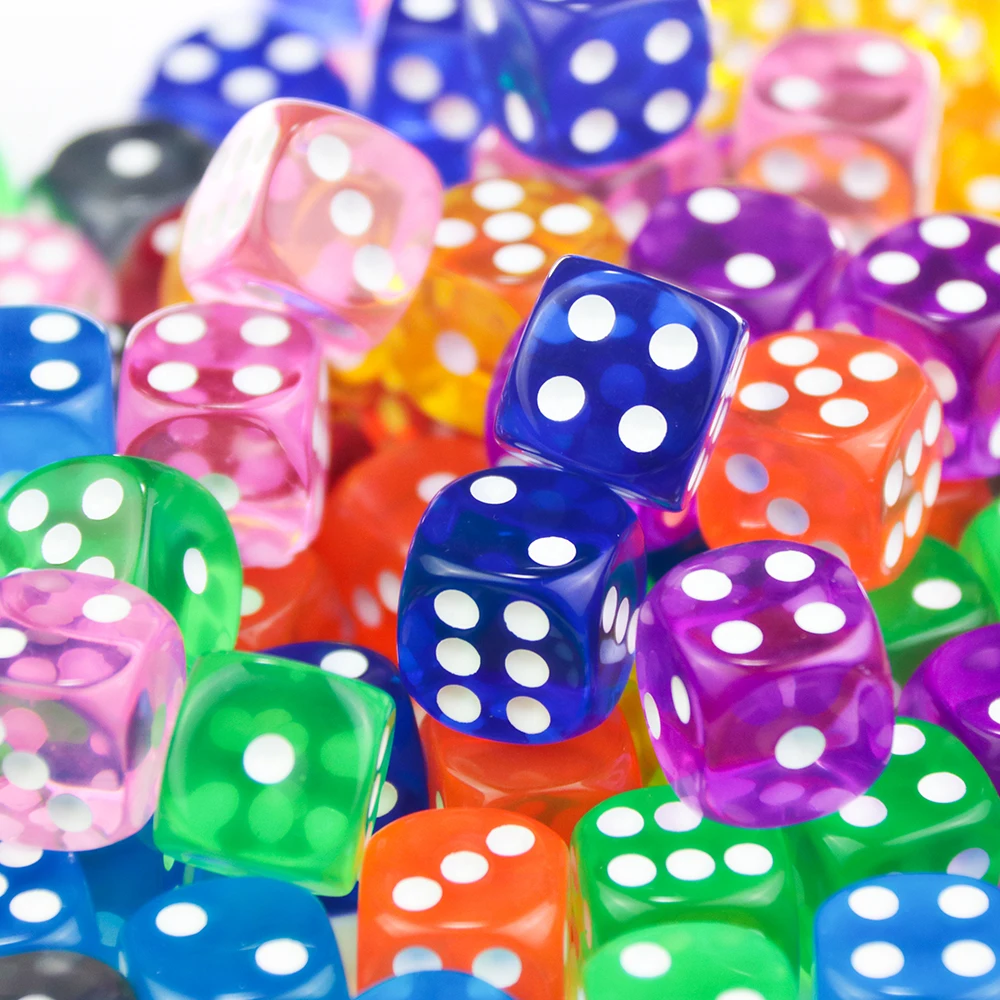 Colorful Set of 10 Transparent D6 Dice with Standard Dots for Party and Tabletop Game Fun