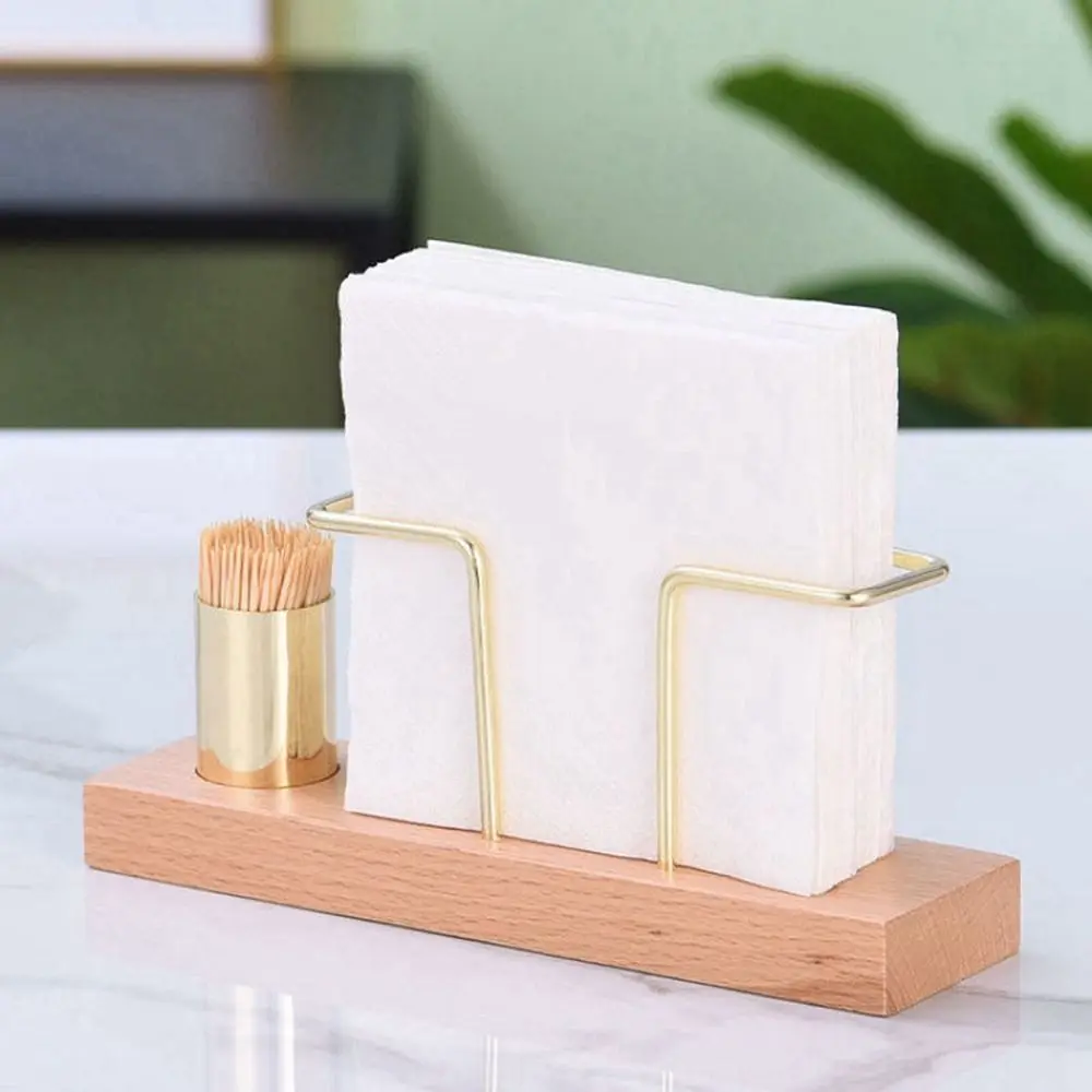 

Metal Napkin Holder Kitchen Accessories Vertical Gold Tissue Dispenser with Toothpick Case Wooden Tissue Box Restaurant