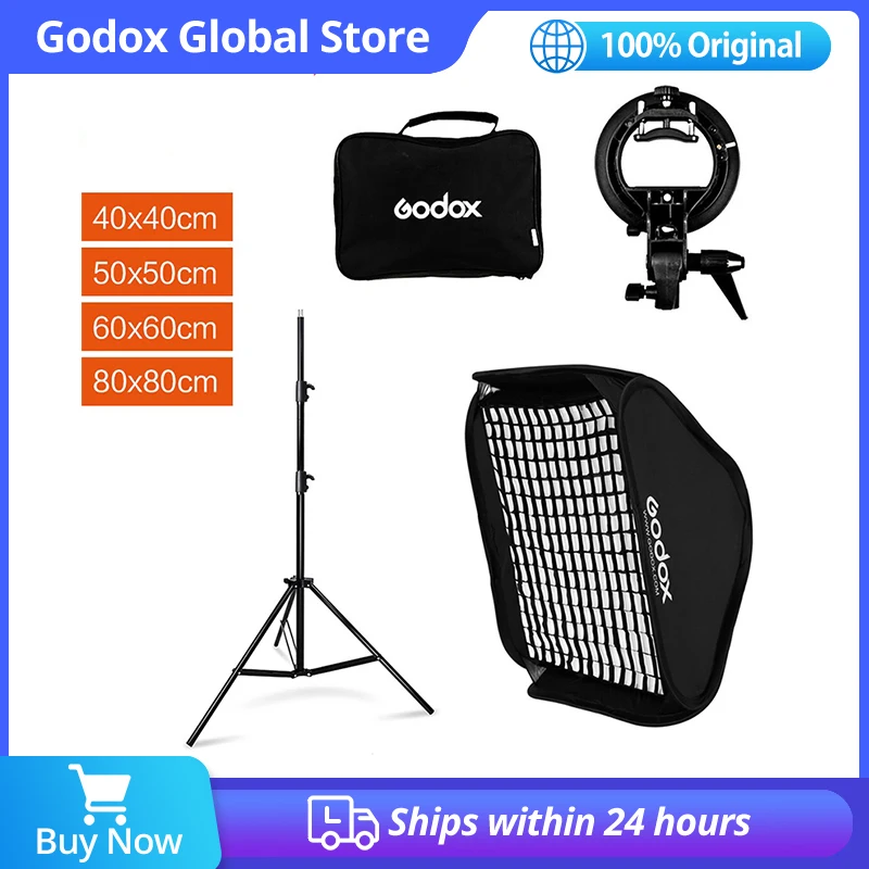 Godox 40cm 50cm 60cm 80cm Flash Speedlite Square Softbox + S Type Bracket  Bowens Mount + Honeycomb Grid With 2.8m Light Stand