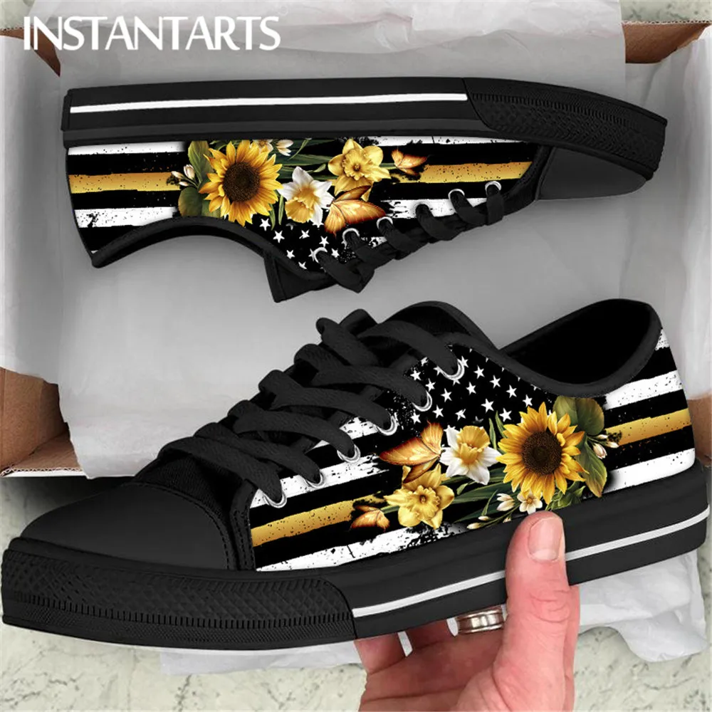 

INSTANTARTS Sunflower American Flag Design Lightweight Canvas Low Top Shoes Outdoor Walking Footwear Soft Sole Casual Sneakers