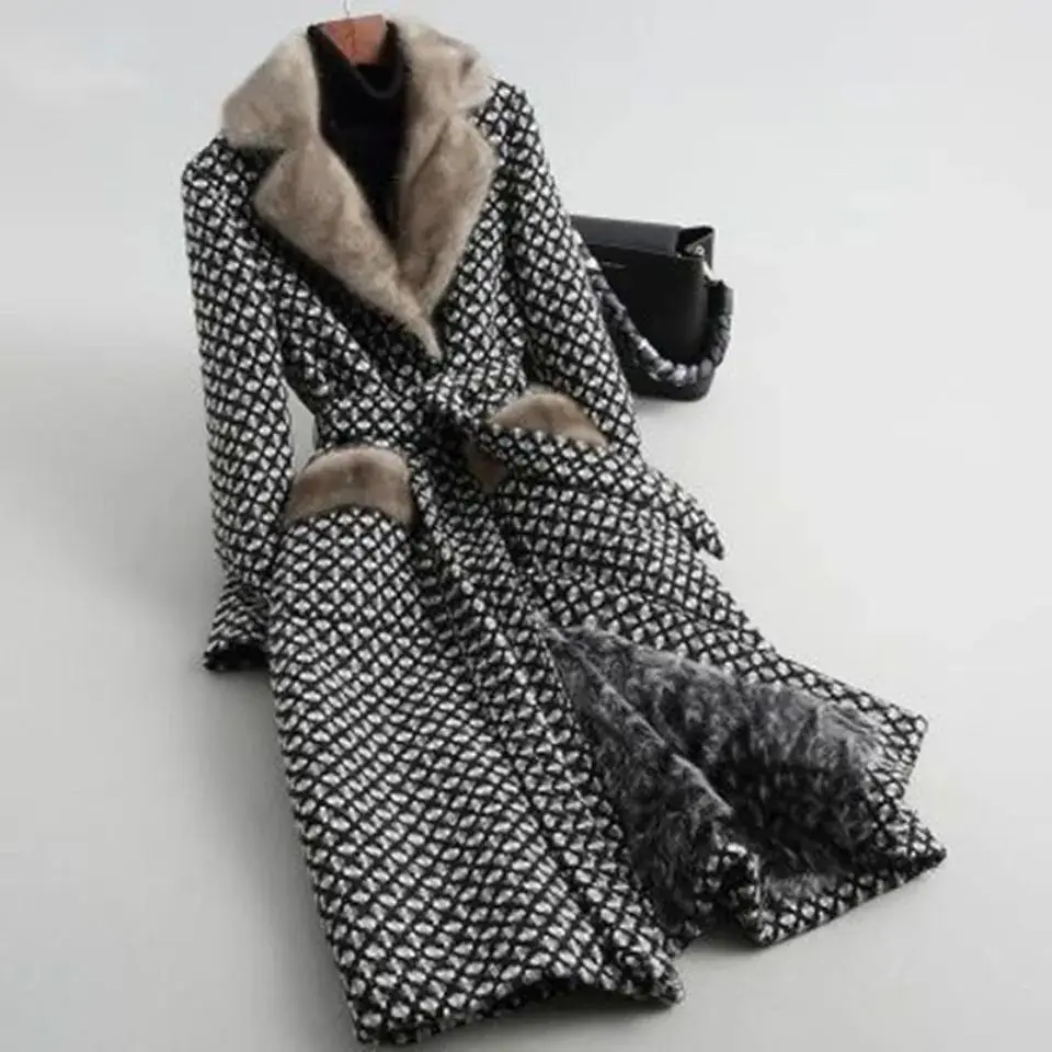 

2023 Autumn Winter Mink Fur Warm Women Coat Fashion Casual Belt Slim Wool Coat Elegant Plush Thicken Turn-Down Collar Jackets