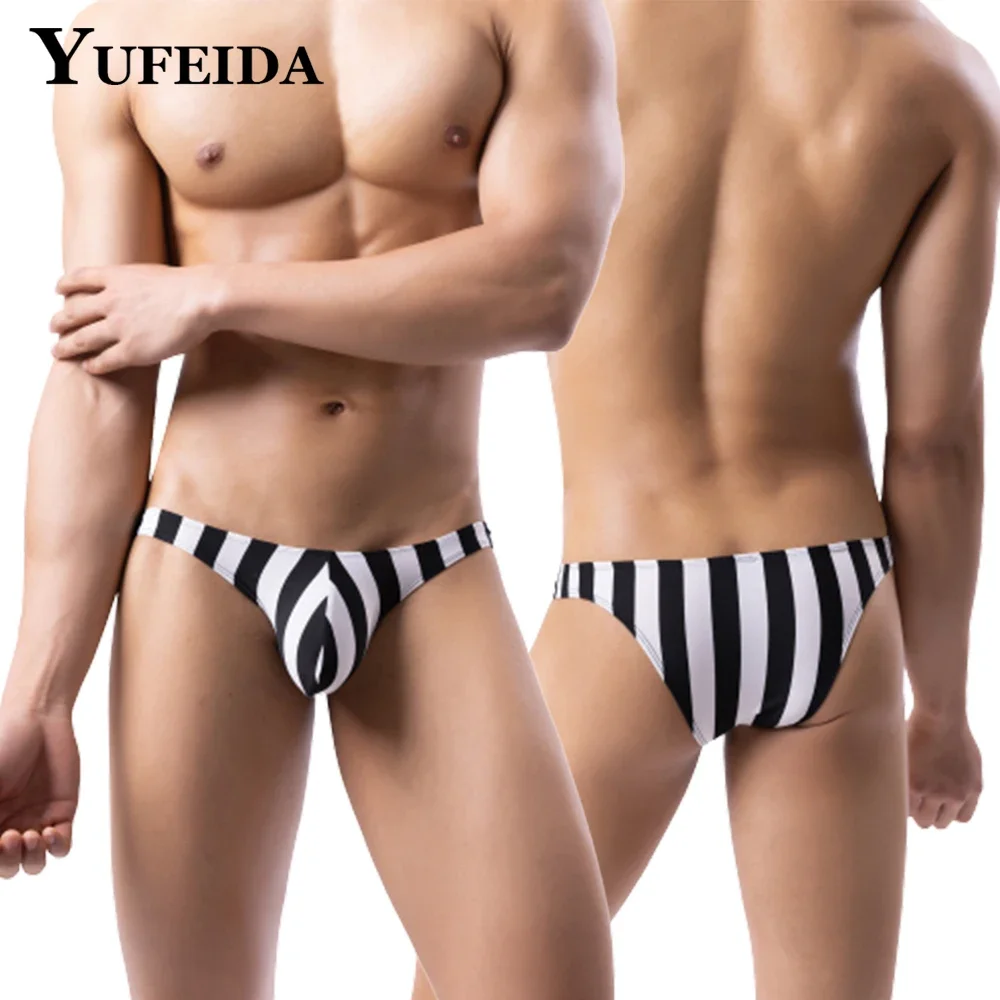 YUFEIDA 1/2/3/5pcs Men Briefs Panties Striped Print Polyester Low Rise Underwear Brief Bikini Breathable Cuecas Stripe Underpant