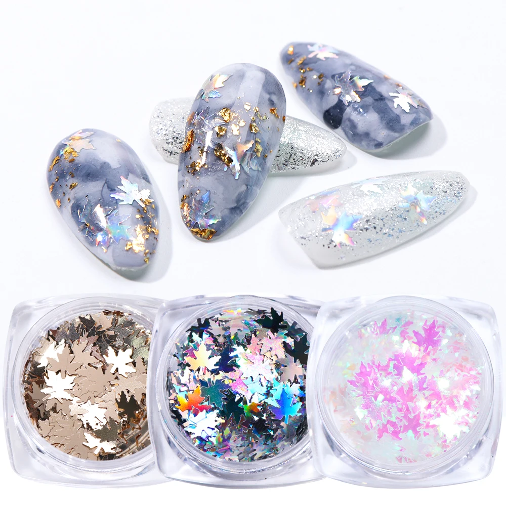 Nail Decoration Maple Leaves Nail Art Sequins Holographic Glitter Flakes Paillette Chameleon Stickers Autumn Design