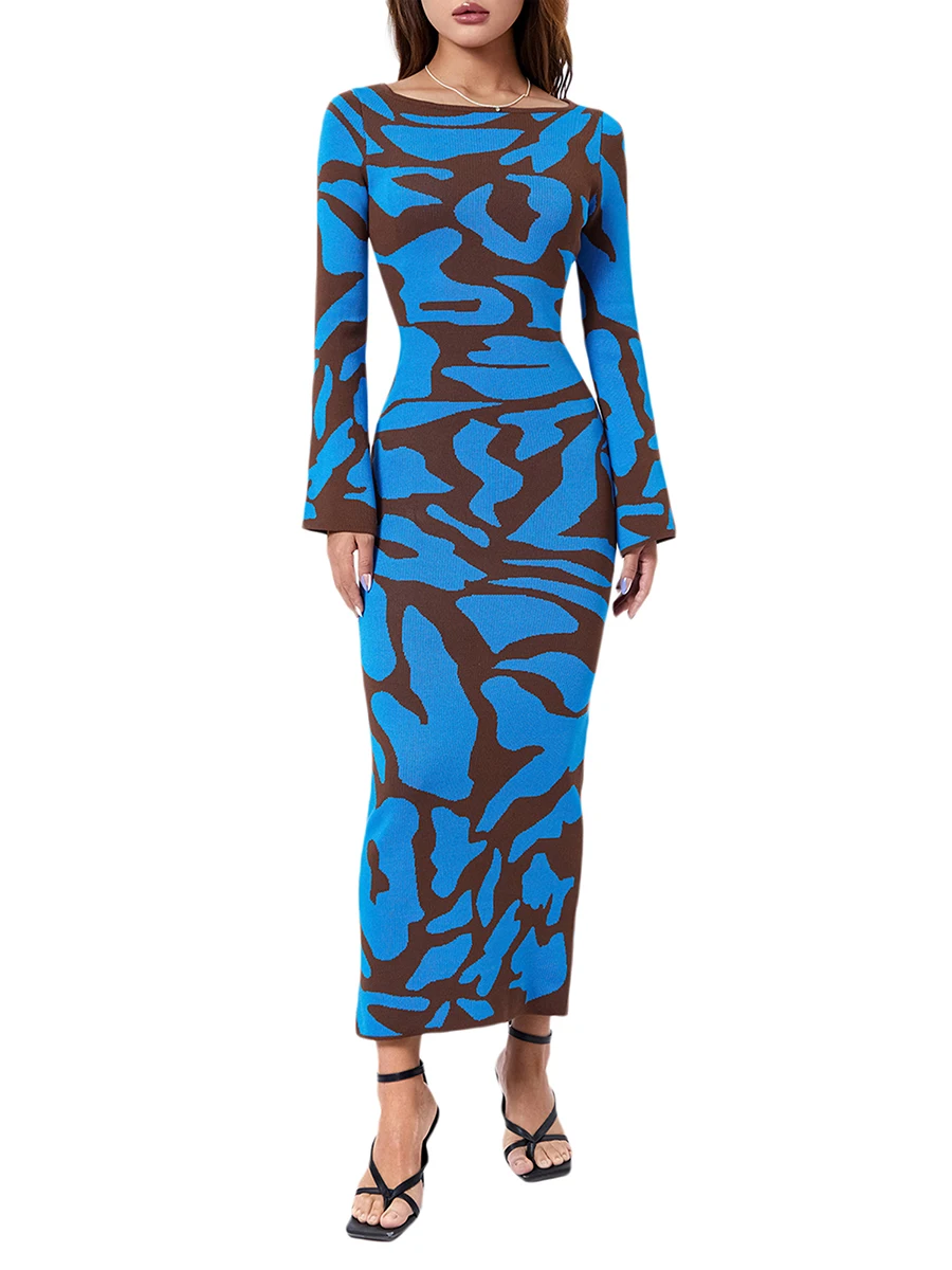 

Women s Floral Print Knitted Bodycon Dress with Long Flared Sleeves and Crewneck - Stylish Slim Fit Party Dress with Elasticity