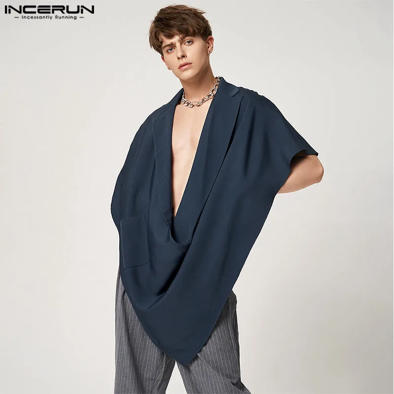 

INCERUN 2024 Men Vests Solid Color Lapel Sleeveless Loose Casual Irregular Waistcoats Men Pockets Fashion Streetwear Cloak S-5XL