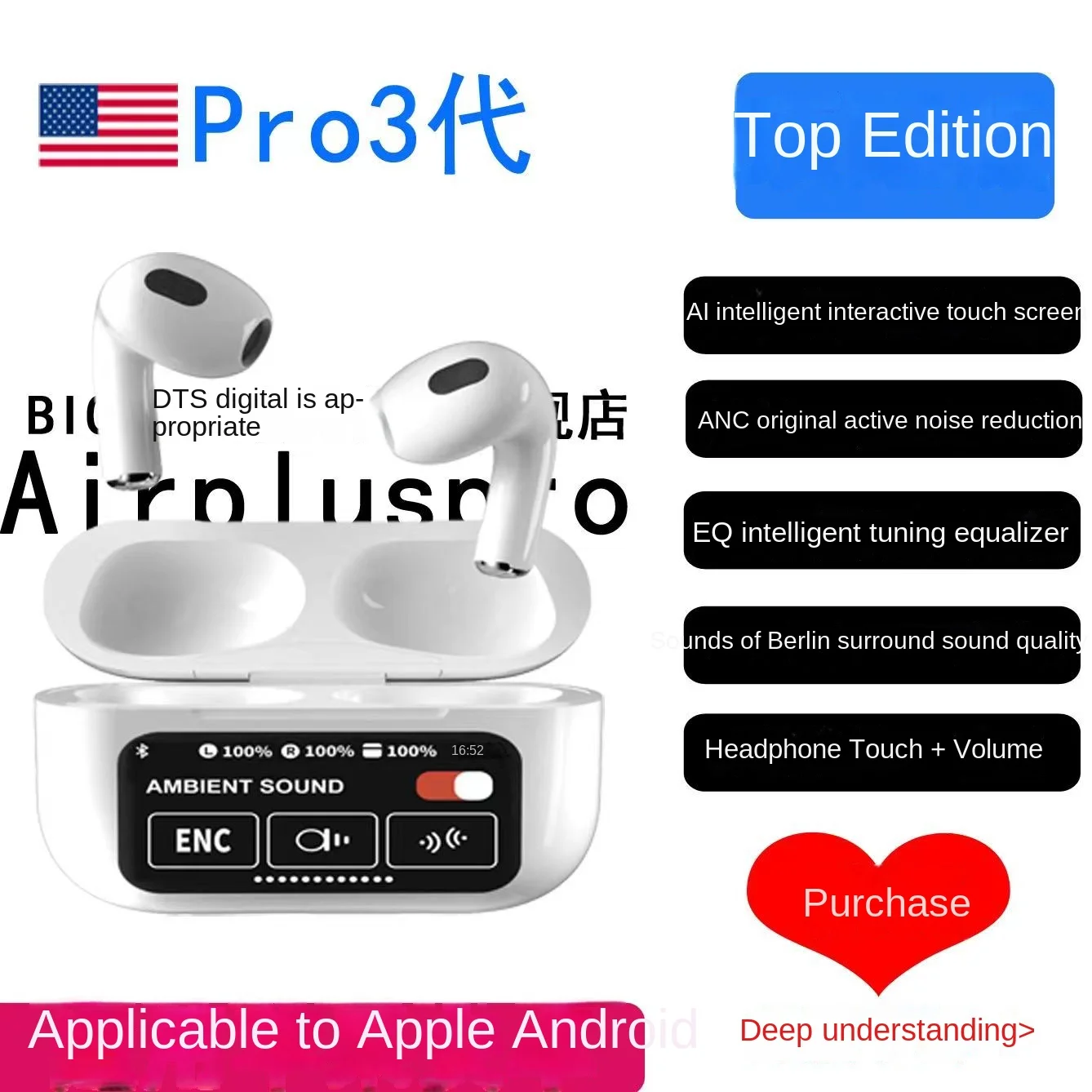 ANC Touch Pro3 무선 헤드폰, LED 스크린, TWS 이어버드, 터치 액..