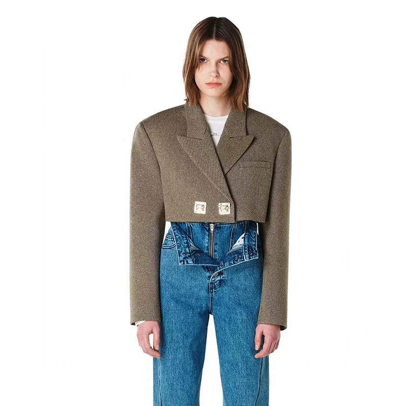 

High-waisted Slim and thin versatile jacket blouse women's y2k 2023 fall new metal buckle lapel short long-sleeved suit jacket