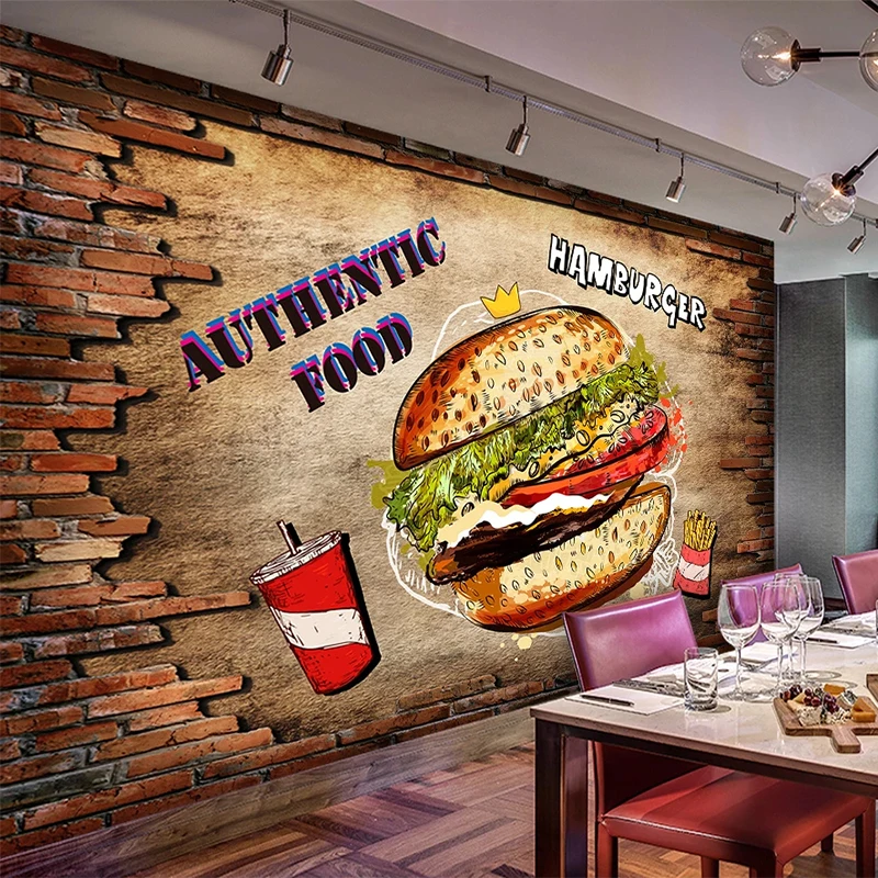 

PVC Self-Adhesive Waterproof Mural Wallpaper 3D Brick Wall Hamburger Fast Food Restaurant Background Wall Removable Wall Sticker