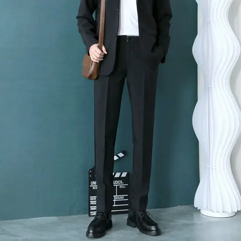 Pantalones de trabajo de sastrería social para hombres, pantalones de traje de oficina de negocios para hombre negros, pantalones ajustados rectos con tres botones, moda masculina china