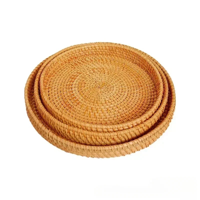 Handwoven Rattan Serving Tray with Double Handles, Multipurpose Snack Bread Platter for Tea Party Kitchen Home Decor 6