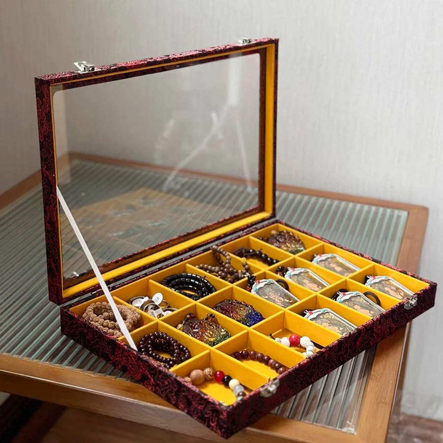 Palace style jewelry box transparent glass multi-grid jewelry hand string jade pendant Buddha hanging beads collection box