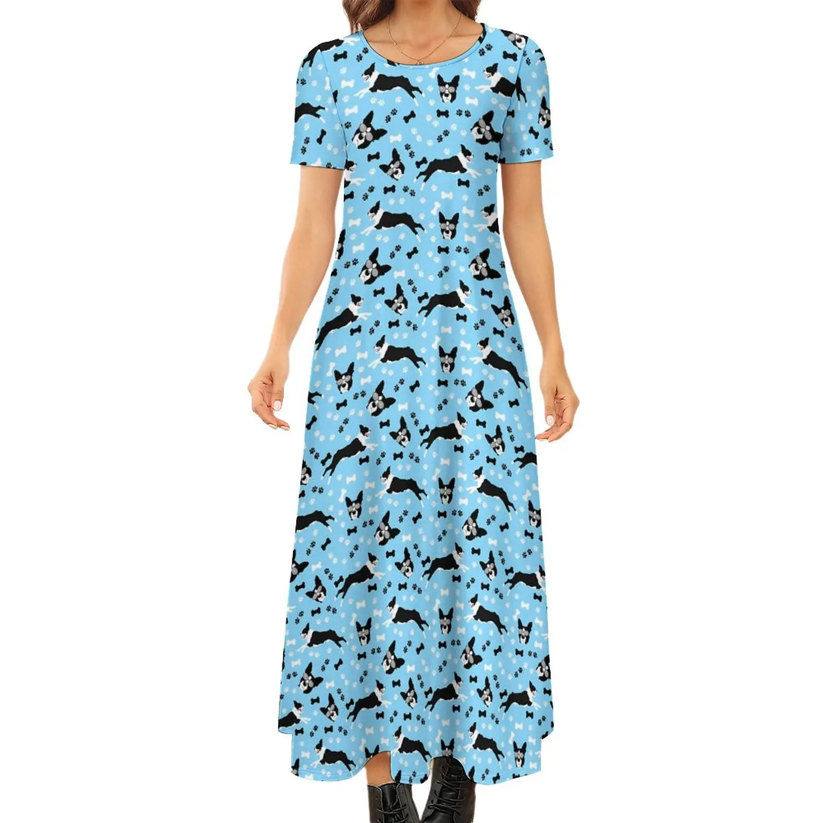 

Dog Print Dress Boston Terriers Elegant Maxi Dress Aesthetic Bohemia Long Dresses Women Short Sleeve Big Size Vestidos