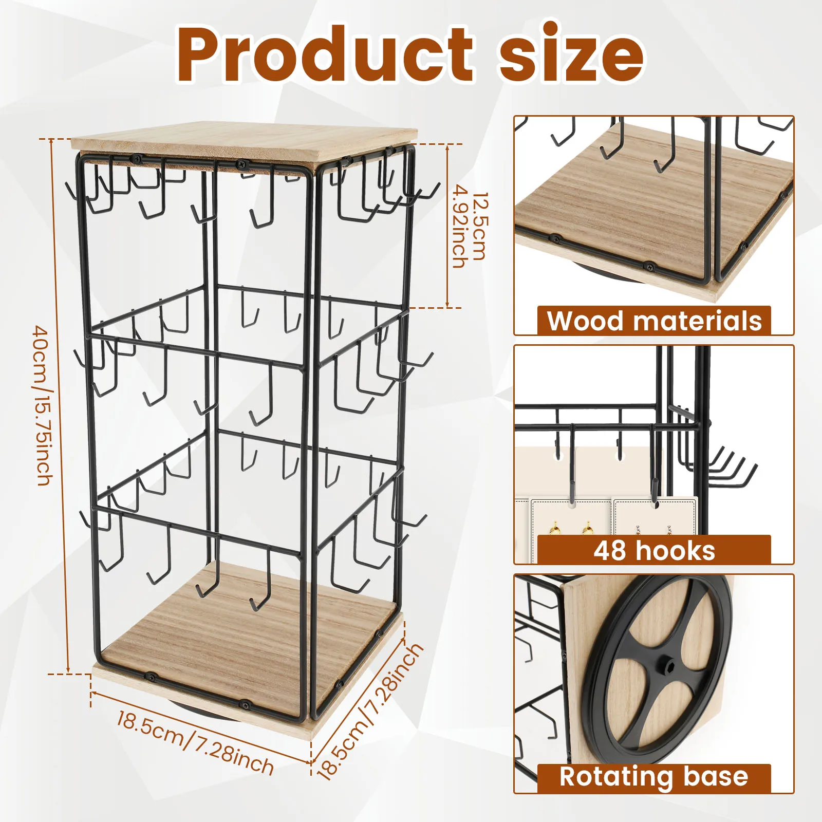 3-Tiers 48 Holes Earring Display Holder 360 Degree Rotatable Earring Selling Stand Jewelry Storage Organizer Wood Base Stand 2