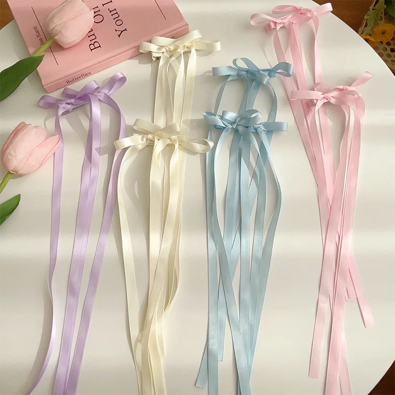 

Korean Sweat Ballet Long Ribbon Satin Small Bows Hairpins Barrettes for Girls Women Trendy Kids Hair Clip Accessories 2023 New