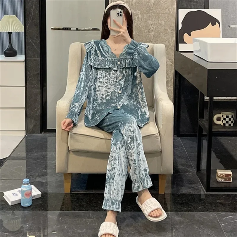 Women Golden Velvet Thermal Pajamas Long Sleeve Fairy Sweet Style Homewear Korean Version INS Nightwear Two-piece Loungewear diiwii hot style solid color sport casual thermal diamond velvet zip two piece women s hootie