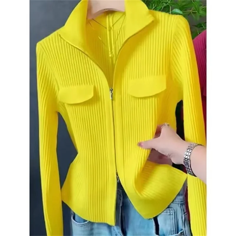 Spring Autumn Women Knitted Sweater Cardigan Short Jacket 2026 New Korean Fashion Zipper Solid Turn-Down Knit Coat Female Tops