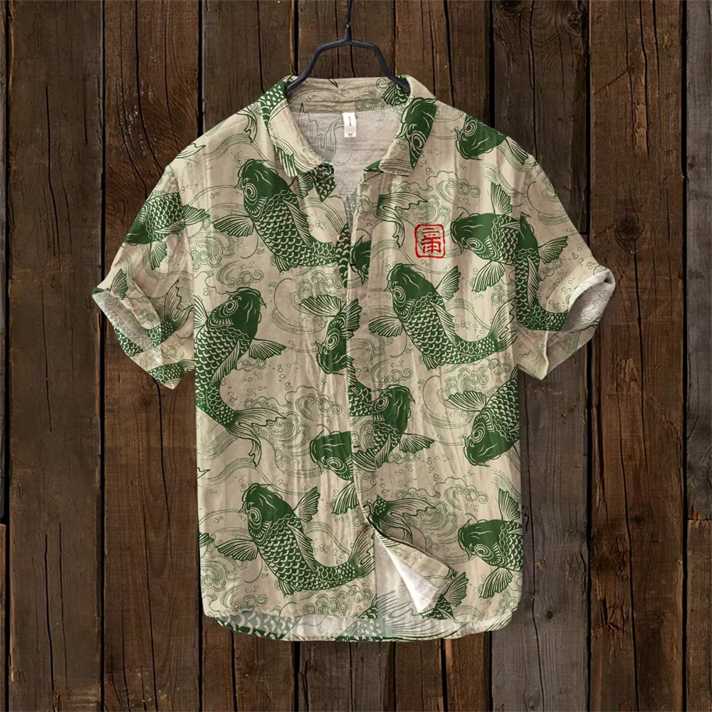 Kanagawa Surf Linen Men's Shirt Summer Hawaiian Shirt HD Pattern Comfortable Breathable Men's Clothing Fashion Button Design 4