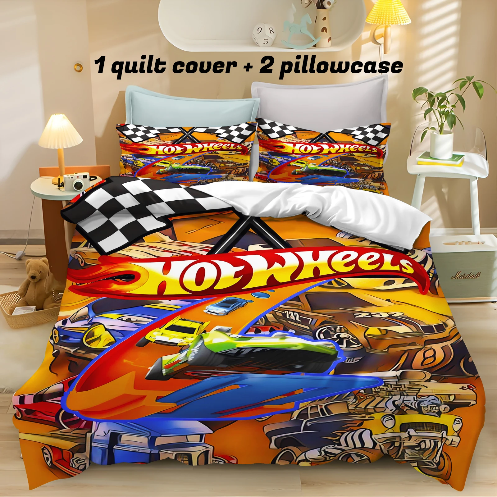 Parure de lit Hot-Wheels motif dessin animé pour adultes et enfants, housse de couette et taies d'oreiller 1 Parure de lit Hot-Wheels motif dessin animé pour adultes et enfants, housse de couette et taies d'oreiller 1