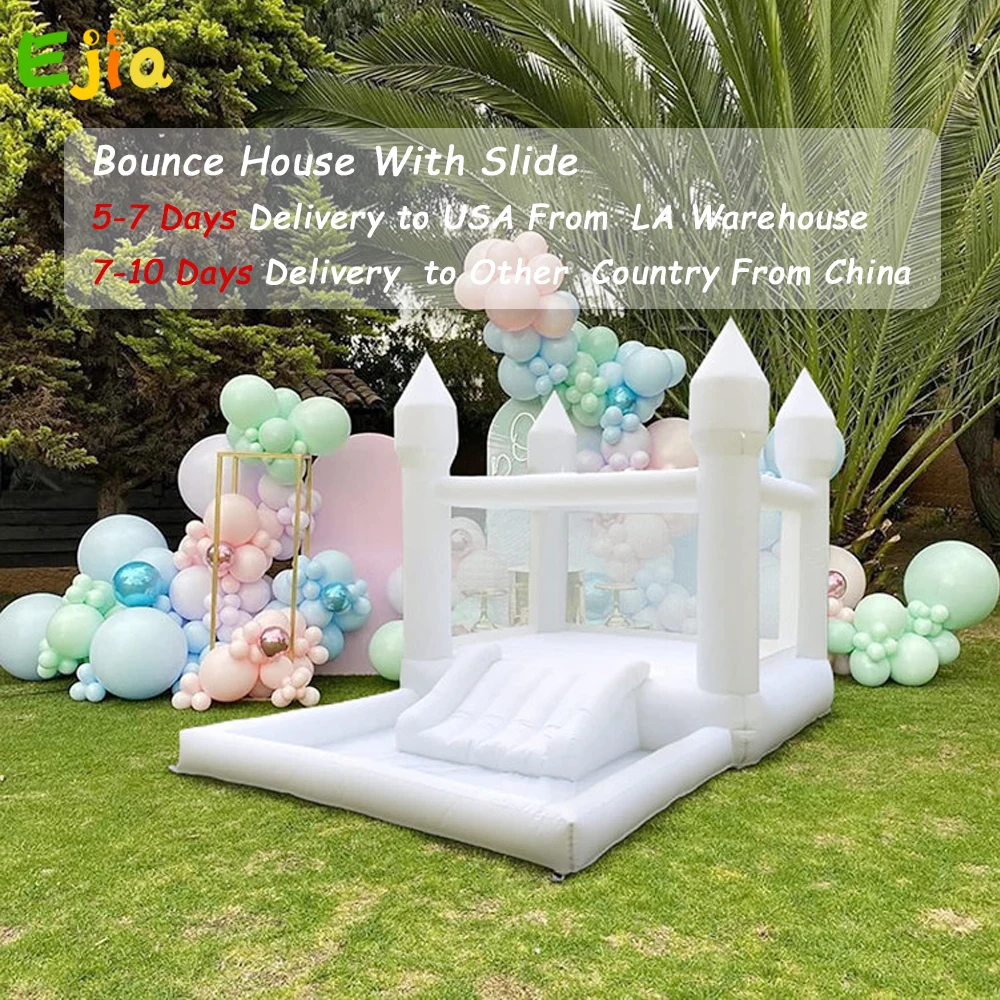 US Stock Fast Shipping 13' X 8' Kids  Party  White Bounce House With Slide & Ball Pit & Air Blower Jumping Bounce House  Outdoor
