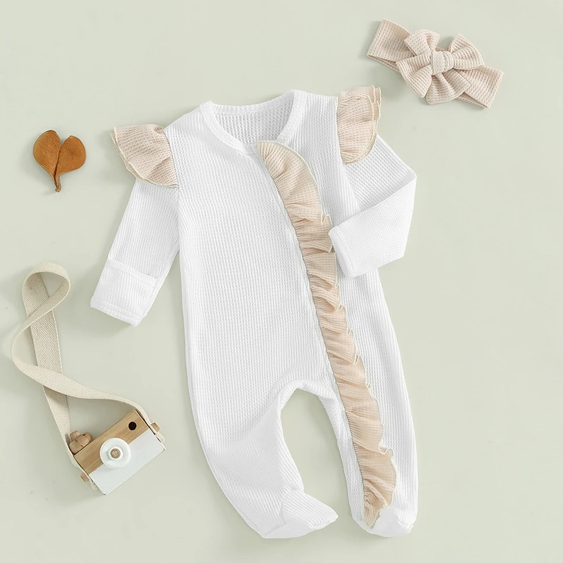-05-11 Lioraitiin Baby Girls Outfit, Long Sleeve Crew Neck Frills Zipped Contrast Color Footies and Headband Fall Clothes
