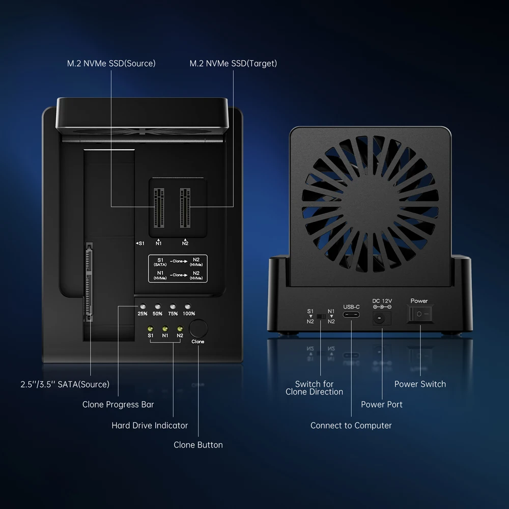 FIDECO 2/3 베이 하드 드라이브 도킹 스테이션 (M.2 NVMe SSD 및 2.5/3.5인치 SATA HDD용, 양방향 오프라인 복제 기능 및 팬 포함)