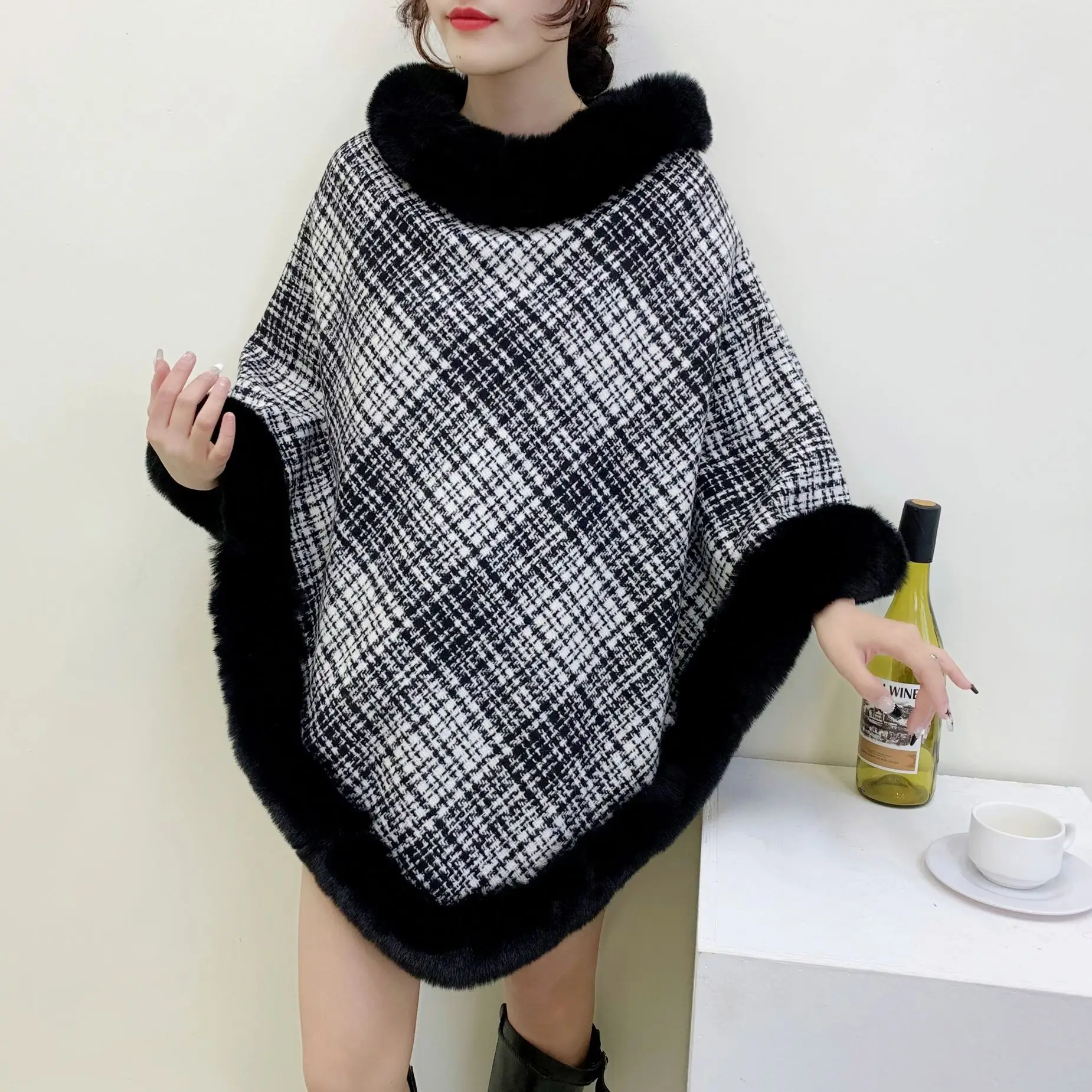 

6 Color Winter Women Triangle Shawl Cape Striped Big Pendulum Poncho Knitwear Faux Fur Thick Warm O Neck Pullover Loose Overcoat