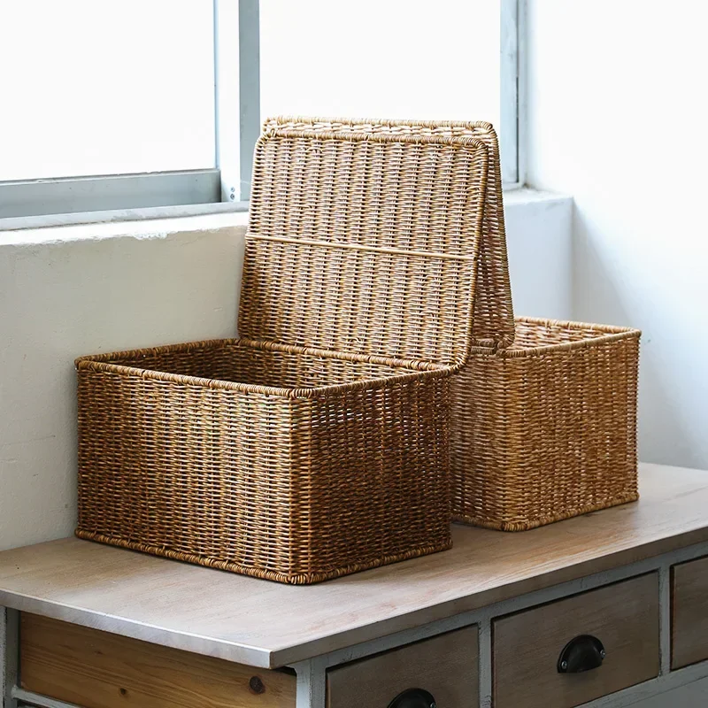 

PP Storage Basket with Lid Portable Box Large Storage Basket Woven Basket Organizer Desktop Sundries Cabinet Wardrobe Organizer