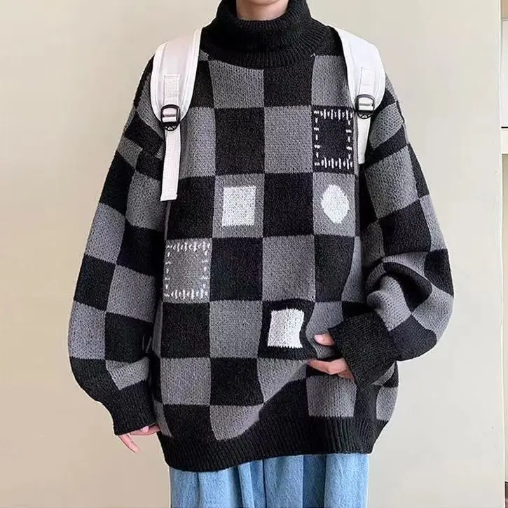 

Autumn and Winter Fashion Personalized High Neck Plaid Sweater Korean High Street Couple Lazy and Simple Casual Y2K Top harajuku