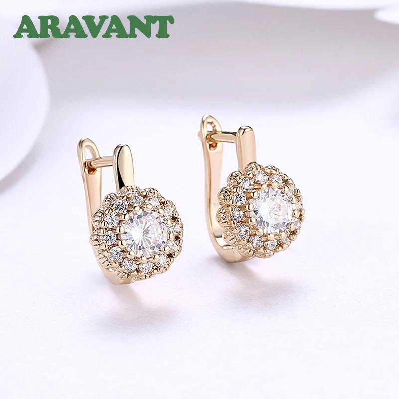 Aravant  18K 골드 큐빅 지르코니아 플라워 골드 드롭 귀걸이 여성용 웨딩..