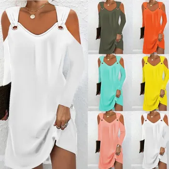 Donne scollo a V manica lunga tinta unita sciolto prendisole estate moda femminile anello in metallo fuori dalla spalla abiti da spiaggia 1