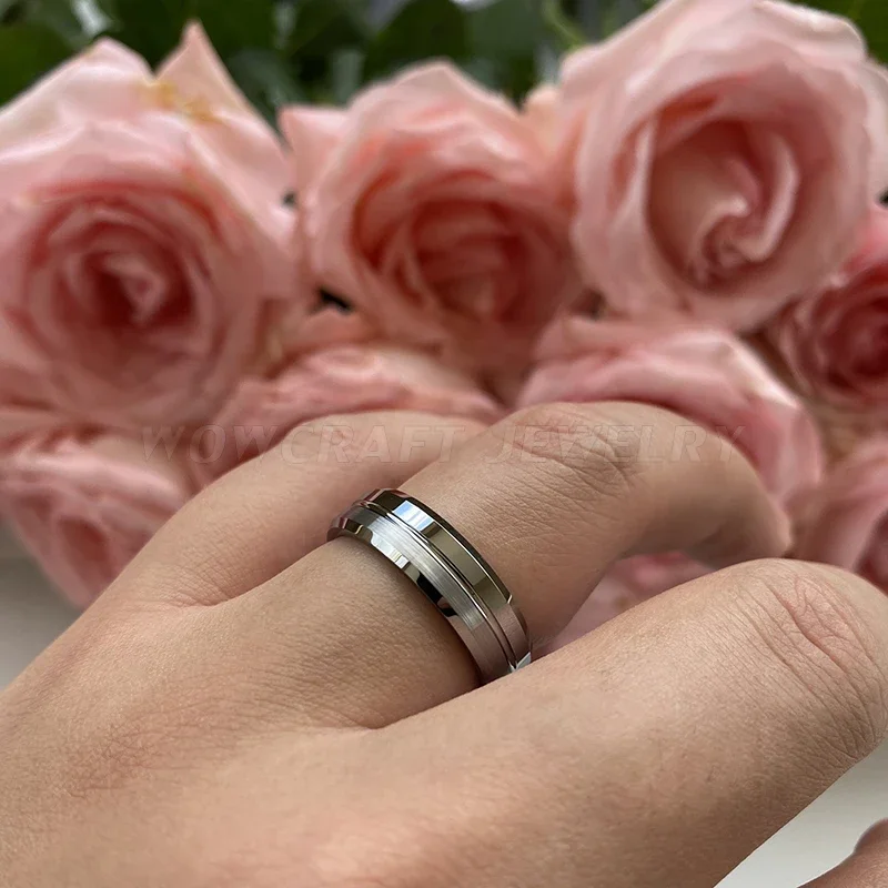 6mm Cool Design Wedding Band Tungsten Carbide Ring Beveled Edges Polished Brushed Half Comfort Fit Wear