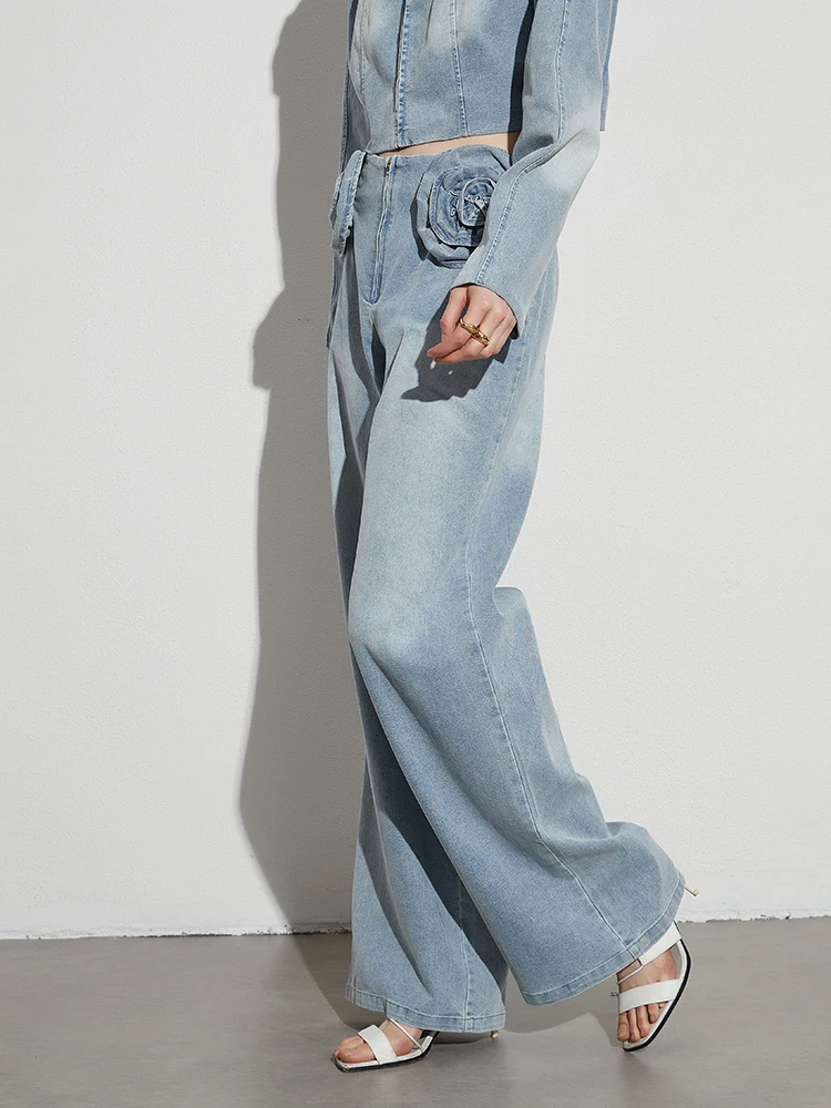 TWOTWINSTYLE Patchwork Appliques Loose Csual Denim Pants For Women High Waist Spliced Zipper Straight Leg Jeans Female Fashion