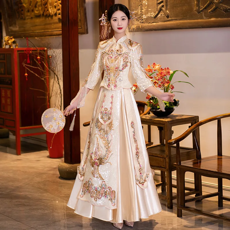 

Chinese Style Women Wedding Dress Toast Clothing Bride Tang Suit Sequins Beading Tassels Cheongsam Phoenix Embroidery Qipao