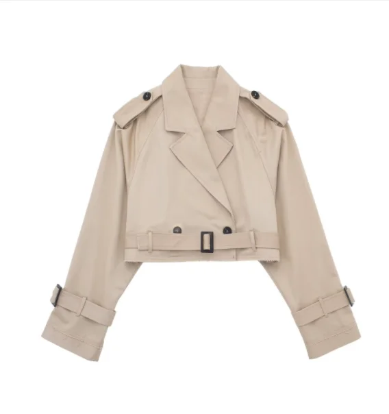

2023 Autumn Fashion Women Khaki Cropped Coat Vintage Solid Long Sleeve Coats Chic Tops Female Casual Clothing Streetwear