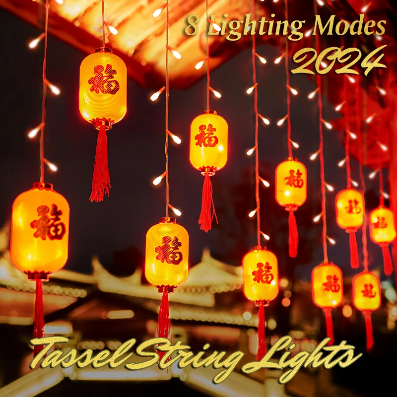 

2024 New Year Decor 4M Chinese Red Lantern Good Fortune String Light Lunar new year Hanging Blessing Traditional Festival Spring