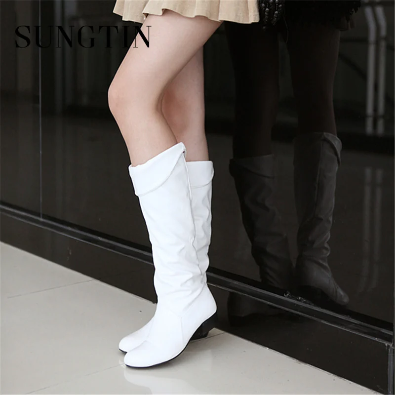 Sungtin White Black Women PU Leather Knee High Boots Fashion Classic Cosplay Boots Brown Ladies Autumn Winter Shoes Long women knee boots