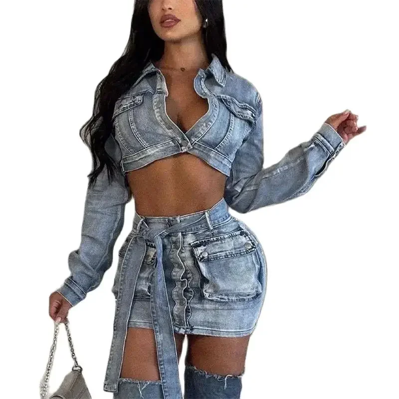 Women Ultra Short Jacket Denim Suits High Waist Lace-up Single-breasted Open Crotch Splicing Pockets Skirt Female Two Piece Sets 30 pages lot 18 9 pockets board games card page trading card protector ultra pro star cards album top side loading binder pages