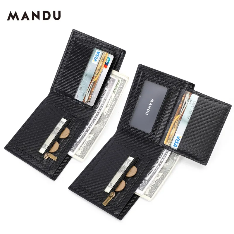 Free shipping MANDU fashion men's carbon fiber wallet anti-theft brush security card bag card clip Short coin wallet clip