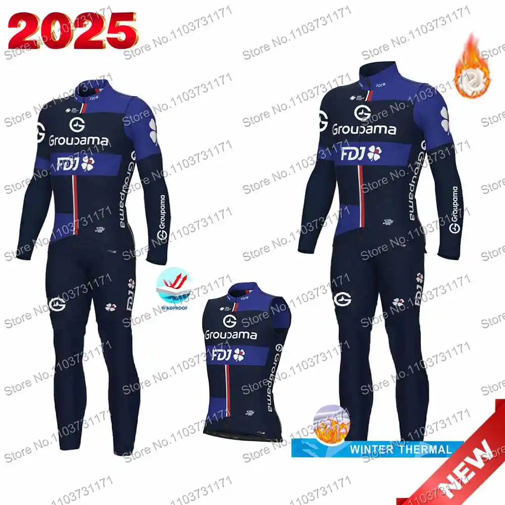 Team FDJ Cycling Jersey Set Long Sleeve France Cycling Clothing Mens Winter Thermal Bike Jacket Suit Bicycle Bib Tights