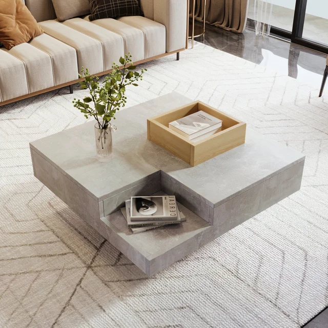 Table basse, table de salon, table d'appoint avec boîte de rangement amovible, couleur gris béton et bois, 72*72*30 cm 1