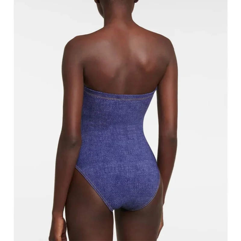 2024New Denim One-Piece Women's Swimsuit French Retro Belly-Covering Slimming Swimsuit Vacation Beach Dress