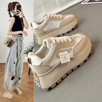 Chunky Autumn New Women Shoes Csaual Running Sneakers Fashion Lace-up Patchwork Leather Sneaker Vulcanized Shoes Chaussure Femme 1
