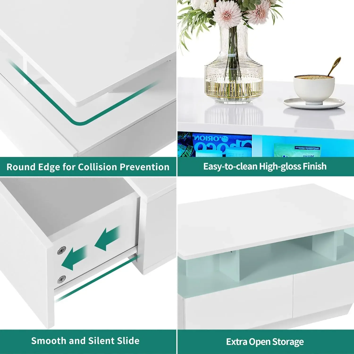 Living Room, High Glossy LED Coffee Table with Open Display Shelf & Sliding 4 Drawers, Rectangular Small Center Table, White 4