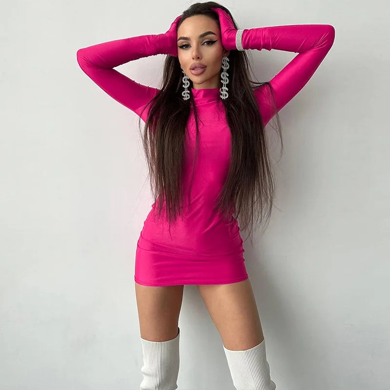 

Solid Long Sleeve With Gloves Mini Dress Bodycon Sexy Streetwear Party Half Turtleneck Outfits Y2K Clothes Wholesale