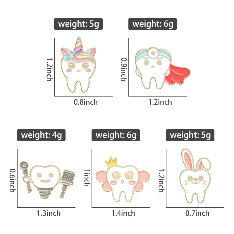 Broche Con Forma Dental, Diseño De Dibujos Animados, Para Mujeres Y Hombres, Estilo De Personalidad, Médico, Dentista, Uniforme, Regalo (color : 5 Piezas), Metal