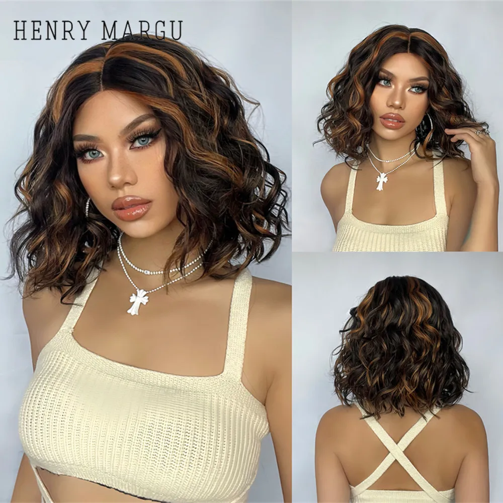 

HENRY MARGU Brown Highlight Bob Lace Front Wigs Short Curly Synthetic Wigs Natural Hairline 13*1 Lace Wig Heat Resistant Fiber