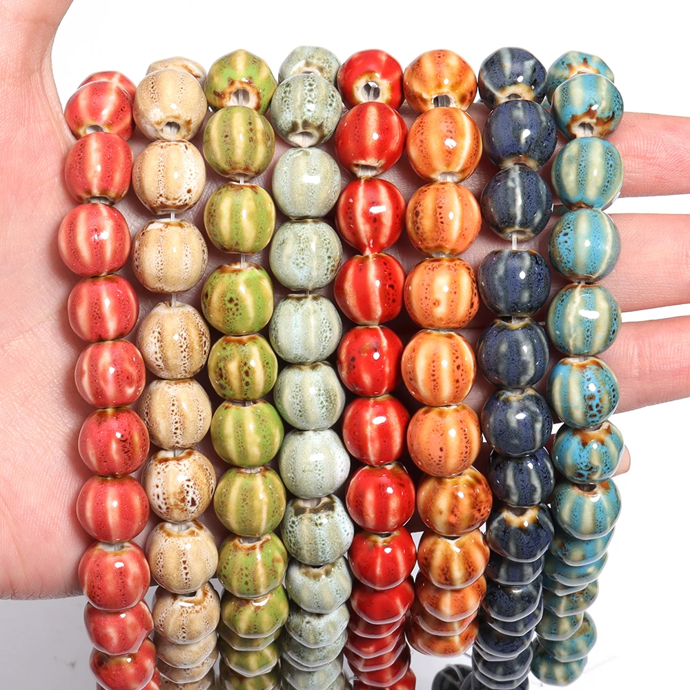 Ceramics Beads 1 Strand Pumpkin Shape Stripe Colorful Floral Glaze Beads For Jewelry Making DIY Loose Spacer Accessories