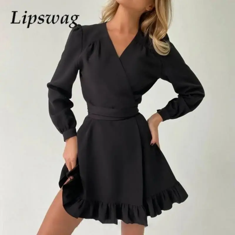 

Elegant V-Neck Slim Dating Dress Women Solid Color Long Sleeve Party Dress Fashion New Lotus Leaf Splicing Versatile Mini Dress